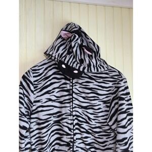 French Jenny One-piece Pajamas Womens Small Black White Zebra Hooded Sleepwear